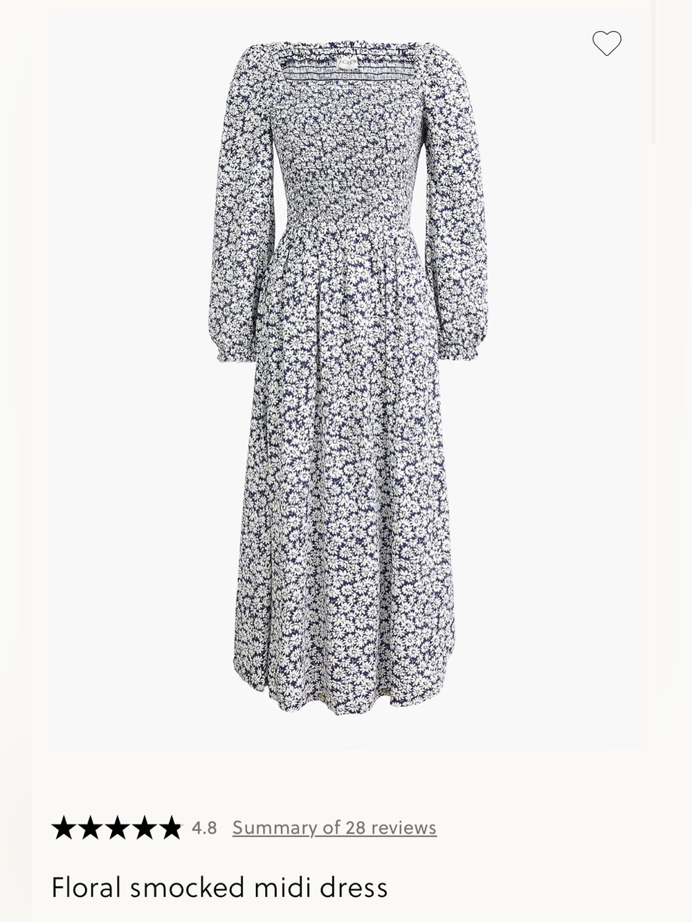 J. Crew Navy and White Floral Smocked Midi Dress